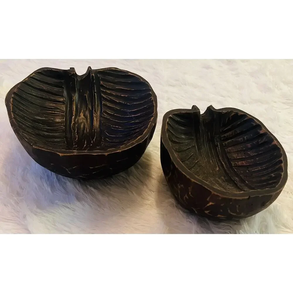 Set 2 Mango Wood Bowls Leaf Hand Carved Decor‎ Vintage Boho Tropical Indonesia